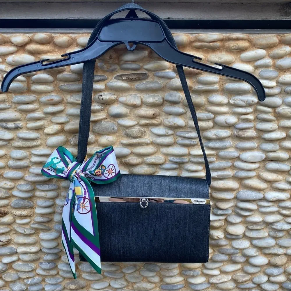 Salvatore Ferragamo Steel Grey/Blue Fabric Shoulder Bag Silver Chrome Hardware V